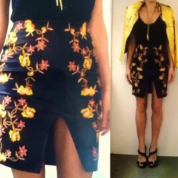 🍂 🍁 Black Leather Floral Leaves Embroidered Pencil Skirt with Center Slit - Picture 6 of 15